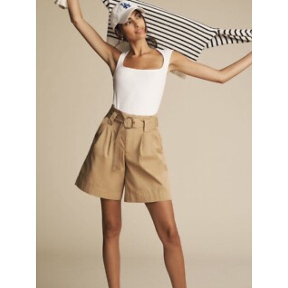 Anthropologie Maeve Khaki O-Ring Belted Longline Shorts 0 Petite Cotton